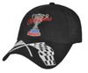 A black cap with embroidered text and a logo, featuring a trophy and checkered flags design.