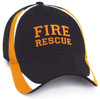 A black and orange cap featuring an embroidered logo and contrasting white stripes.