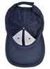 A navy blue cap featuring a structured design and a button at the top, with an inner lining visible.