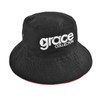 A reversible bucket hat in black with an adjustable toggle and a logo on the front.