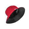 A reversible bucket hat in bright red with a black interior and adjustable toggle. It features a logo on the inside.