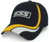 A navy cap with a yellow and white design, featuring a branded logo on the front.