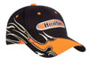 A black cap with orange accents and a flame design, featuring a logo on the front.