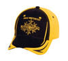 A black and yellow cap featuring a logo, with embroidery related to a winter festival.