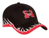 A black cap featuring a logo and flame design in red along the brim.