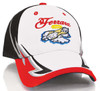 A cap featuring a white base, black panels, and a red brim, with an embroidered logo on the front.