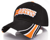 A black cap featuring orange and white accents, with a logo on the front.