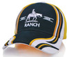 A navy and white cap featuring a logo and decorative stripes in yellow and green.