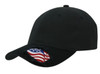 A black cap featuring a distressed design with an American flag on the underside of the brim and a logo.