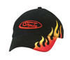 A black cap featuring red flames and a logo on the front. The cap has a curved brim and is made of fabric.