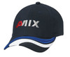 A navy cap featuring a curved brim and a logo in red and silver. The design includes blue and white accents.
