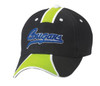 A black cap with green and white accents features a blue logo on the front.
