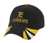 A black cap with yellow and white accents, featuring a logo and text on the front.