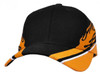 A black and orange cap with flame designs, featuring a branded logo on the front.