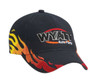 A black cap with yellow and red flame designs, featuring a logo on the front.