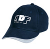 A navy cap with a white logo, featuring a curved peak and contrast stitching.