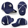 A navy cap featuring silver star embellishments and contrasting white stripes, showcasing multiple angles of the design.