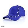 A blue cap featuring a decorative design in black and white, with a logo on the front.