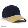 A navy and tan unstructured cap with a suede peak, featuring a logo on the front.