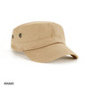 A khaki military cap with ventilation eyelets and a curved brim, featuring a logo on the side.