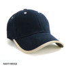 A navy and beige cap with a wrap-over design and a logo on the front.