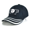 A navy cap with white stripes on the brim and a logo on the front.