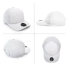 A white cap made of polyester and mesh, featuring a circular logo on the front. Multiple angles displayed.