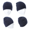 A dark navy shaggy beanie featured from multiple angles, showcasing its soft texture and shape. It has a simple logo.