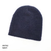 A navy blue shaggy beanie with a soft texture, featuring a logo.