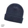 A navy grid knit beanie with a folded cuff and a textured pattern. It features a logo on the side.