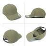 A khaki cap featuring a structured design, showcasing various angles including the front, side, and inside view, with a logo.
