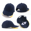 A cap featuring a navy blue design with yellow and white accents, showcasing different angles and an internal view.