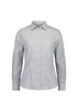 A long sleeve women's shirt featuring a grid pattern in white and navy blue, with a collared neck and button front.