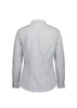 A long sleeve shirt in a white and black check pattern with a collar and buttoned cuffs, featuring a logo.