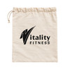 A beige drawstring bag with a logo printed on it, featuring the words "Vitality FITNESS".