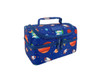 A double decker lunch bag in blue with a space theme featuring rockets and planets, including branding on the side.