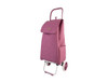 A pink shopping trolley with a large fabric compartment and a handle on top, featuring a white wheeled base.