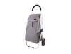 A grey aluminium shopping trolley with a fabric cover, featuring a handle and two wheels.