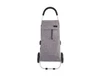 A grey aluminium shopping trolley with a fabric cover and two large black wheels, featuring a logo on the front.
