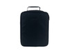 A black insulated lunch bag with a zip closure and a handle on top. It features a logo on the front.