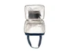 A blue insulated bag with a silver reflective interior, featuring two handles and an empty compartment.