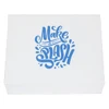 A white magnetic gift box featuring blue decorative text and water splash designs.