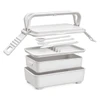 A double tray lunchbox in white with a handle, containing two compartments and a fork and spoon set.