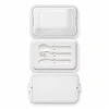 A white double tray lunchbox with a lid, featuring three utensils inside: a knife, fork, and spoon.