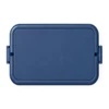 A blue double tray lunchbox featuring a secure lid and a simple design, with a logo on the surface.