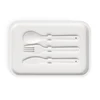 A white tray featuring a spoon, fork, and knife, all in matching plastic material. It has a branding logo.