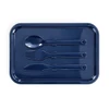 A navy blue tray containing a spoon, fork, knife, and a spork. The tray has a sleek design and branding.