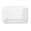 A rectangular white tray with rounded edges, featuring a flat surface and no visible designs.