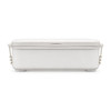 A double tray lunchbox in white with a lid and side handles, featuring a branding logo.