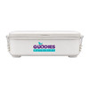 A white double tray lunchbox with a secure lid and a logo on the front.